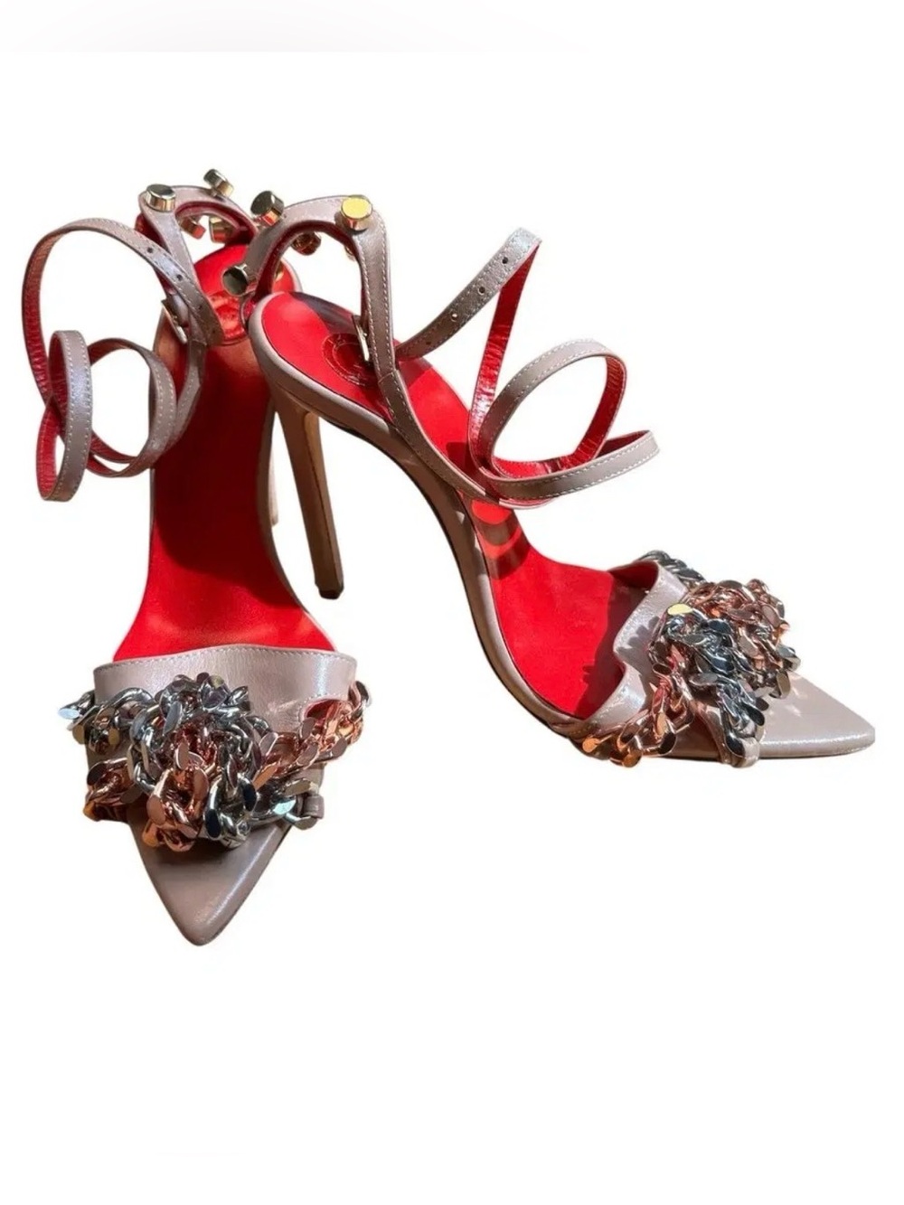 Chain-Embellished Strappy High Heels in Metallic Pink